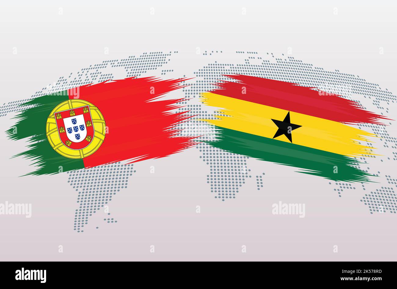 Portugal vs Ghana soccer ball in flag design on world map background for football tournament, vector for sport match template or banner. Stock Vector