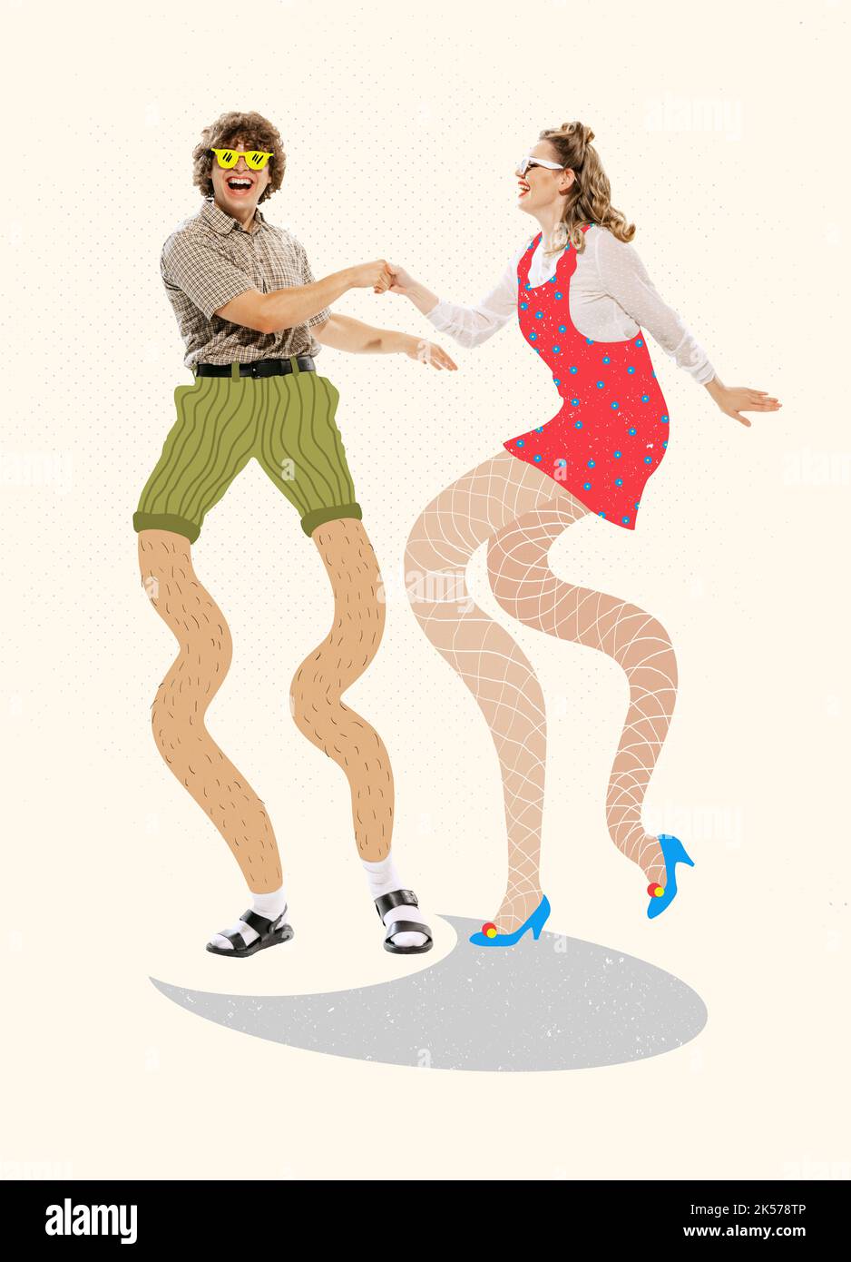 Contemporary art collage. Two cheerful people, man and woman, in summer outfit dancing, having fun. Holiday party Stock Photo