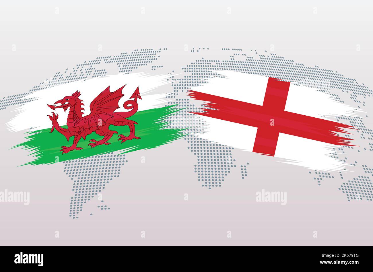 Wales vs England soccer ball in flag design on world map background for football tournament, vector for sport match template or banner. Stock Vector
