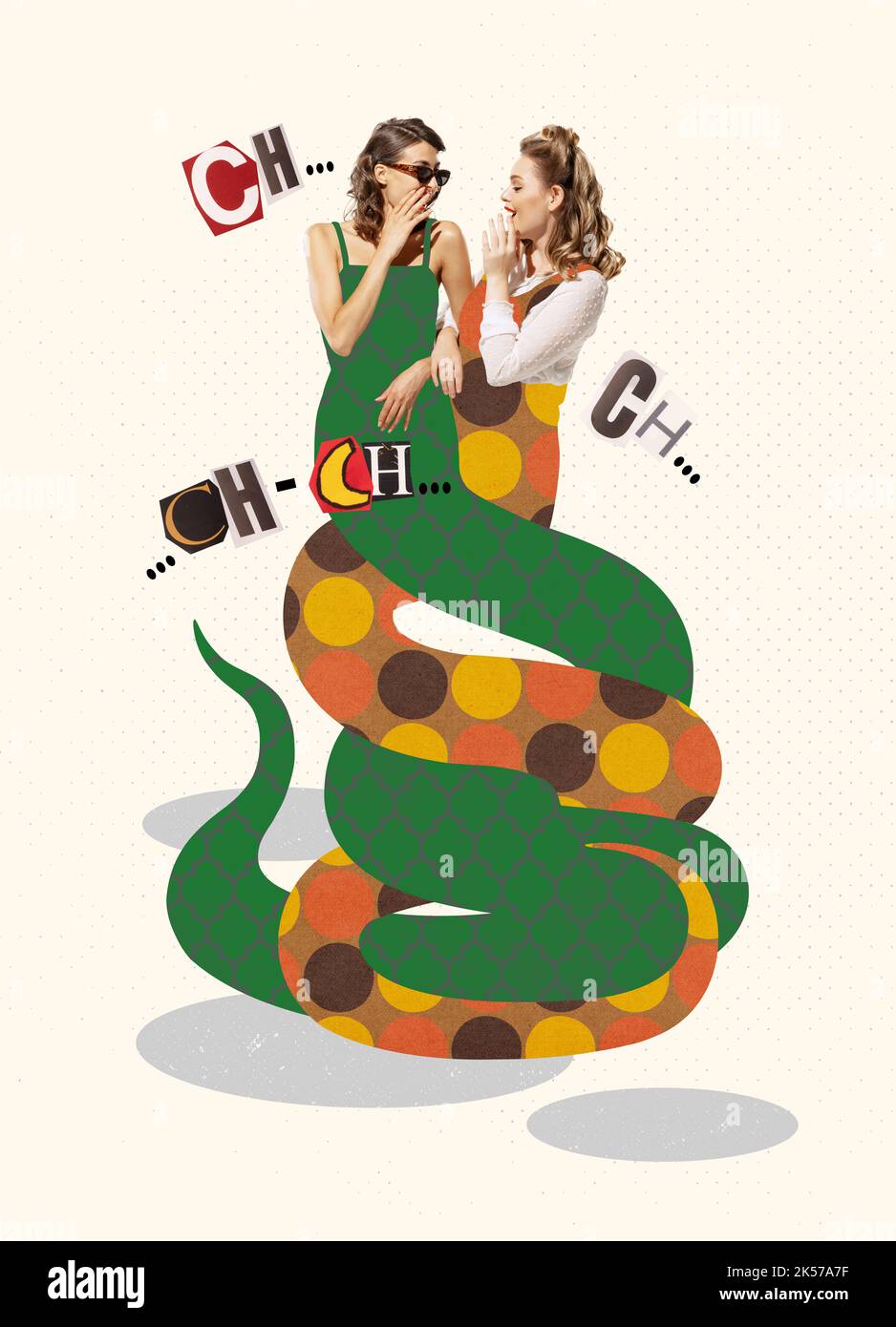 Contemporary art collage. Young woman with snake tails whispering gossips, talking rumors Stock Photo