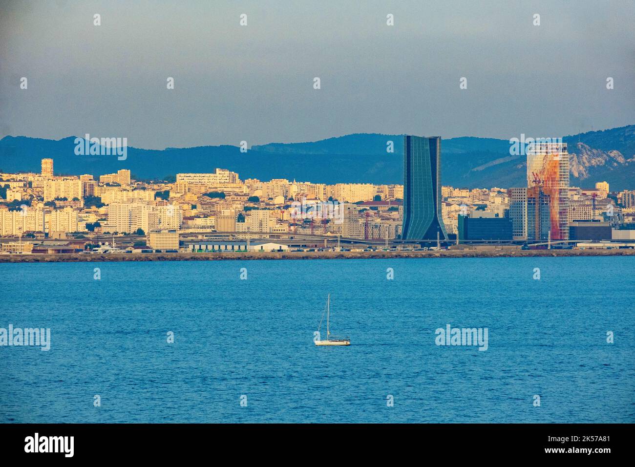 France, Bouches du Rhône, Marseille, the port and the CMA CGM and Mediterranean Towers Stock Photo