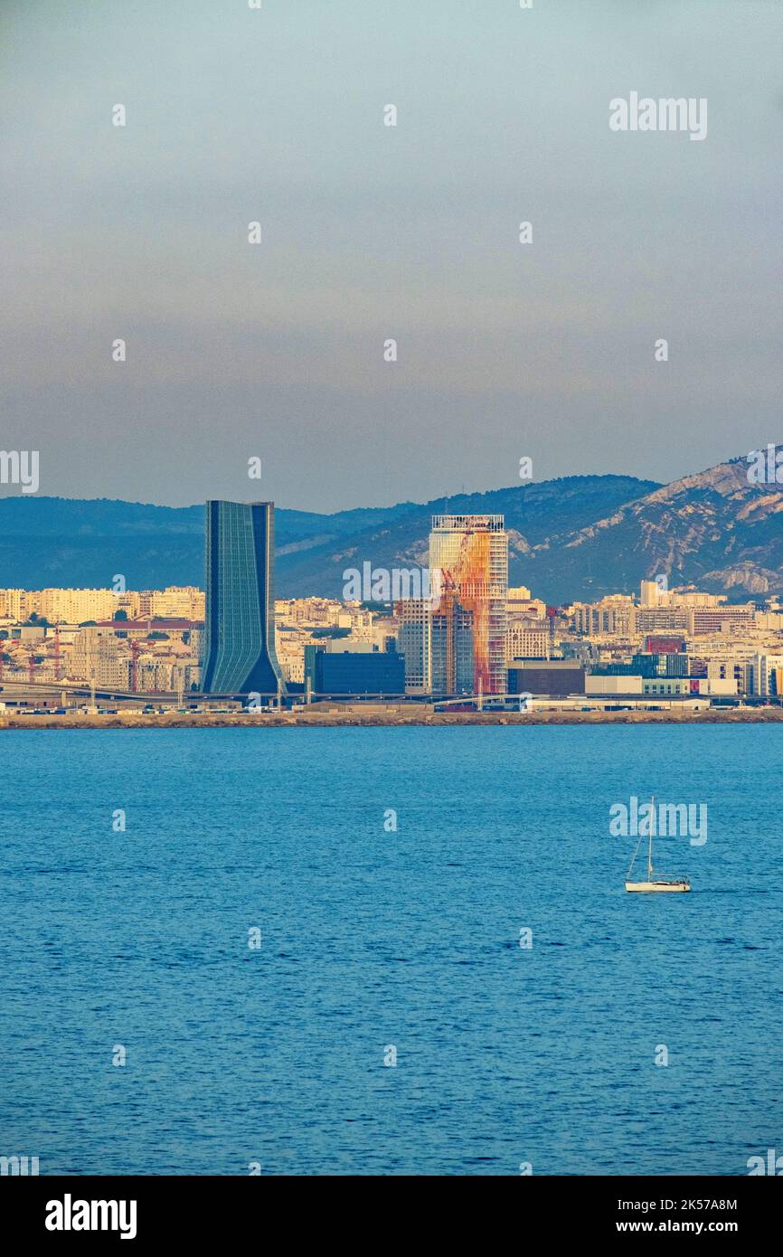 France, Bouches du Rhône, Marseille, the port and the CMA CGM and Mediterranean Towers Stock Photo