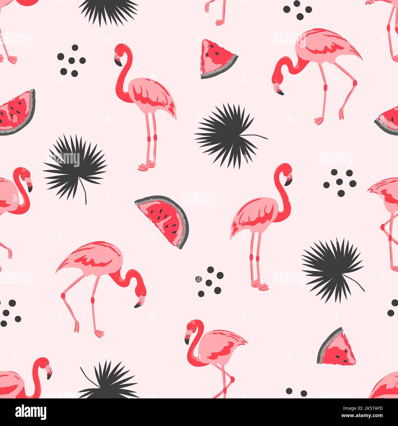 Seamless tropical trendy pattern with flamingos, watermelon and palm ...