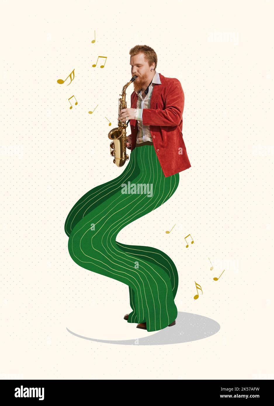 Contemporary art collage. Creative design with stylish man making performance, playing saxophone. Jazz concert Stock Photo