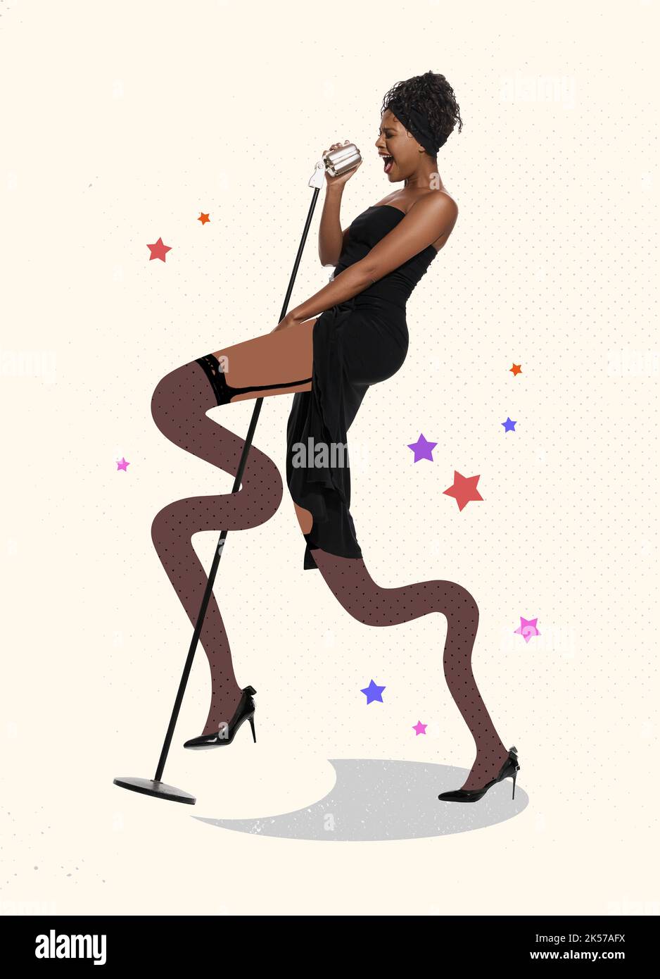 Contemporary art collage. Stylish african woman with long legs performing at jazz concert, singing. Creative design Stock Photo