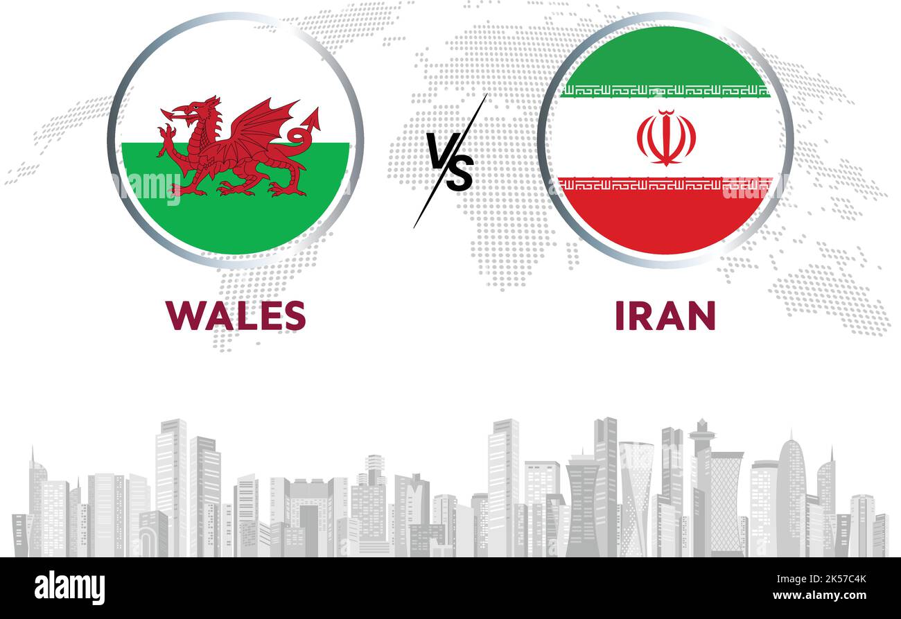 Wales vs Iran soccer ball in flag design on Qatar skyline background for football tournament, vector for sport match template or banner. Stock Vector