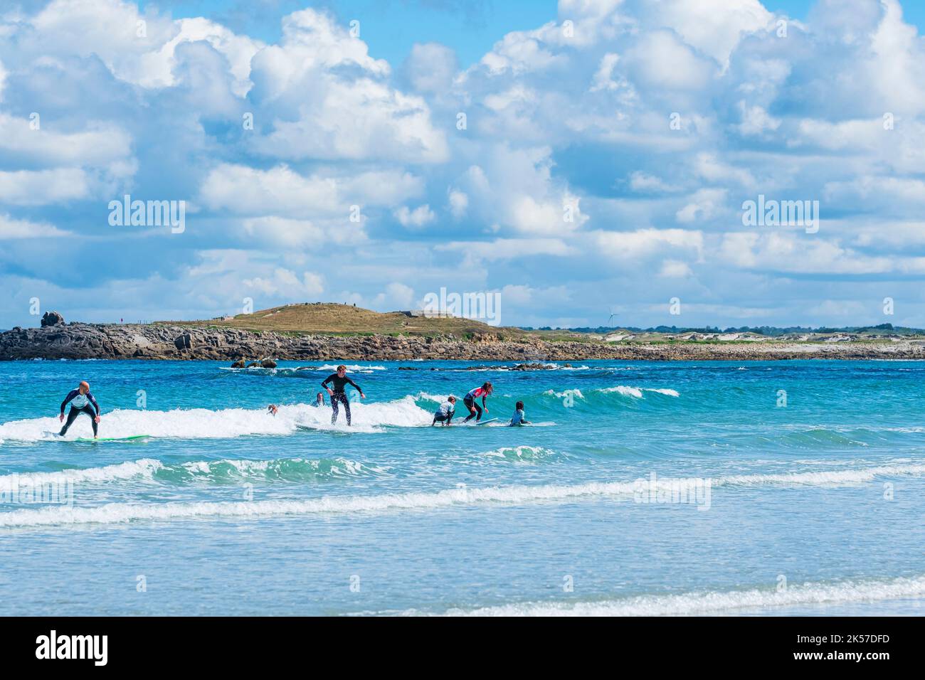 France, Finistere, Penmarc'h, surfers on Pors Carn beach on the coastal footpath or GR 34 long