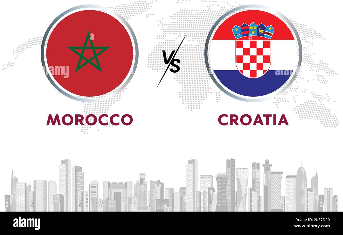 Morocco vs Croatia soccer ball in flag design on Qatar skyline