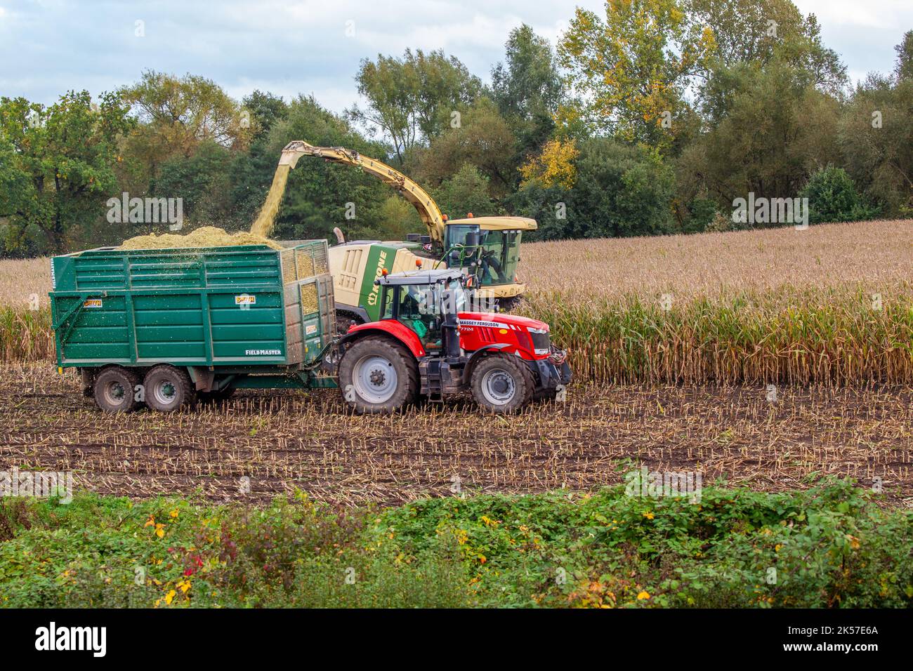 Farmer agricultural contractor farm worker using Krone Big X 700 Self