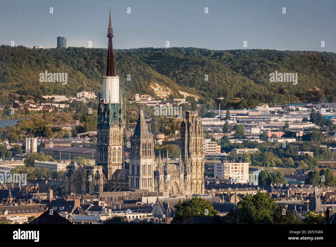 France, Seine-Maritime, Rouen, view from Mont-Saint-Aignan, Notre-Dame Cathedral, west façade and main portal, abandonned Tour des Mutuelles-Unies in the background dominating the Seine valley from Belbeuf Stock Photo