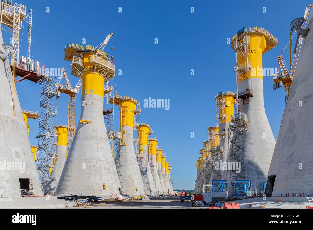 France, Seine-Maritime, Le Havre, the harbour, Bougainville wharf, construction of the gravity-based structures (GBS), engineered for the offshore wind farm of Fécamp Stock Photo