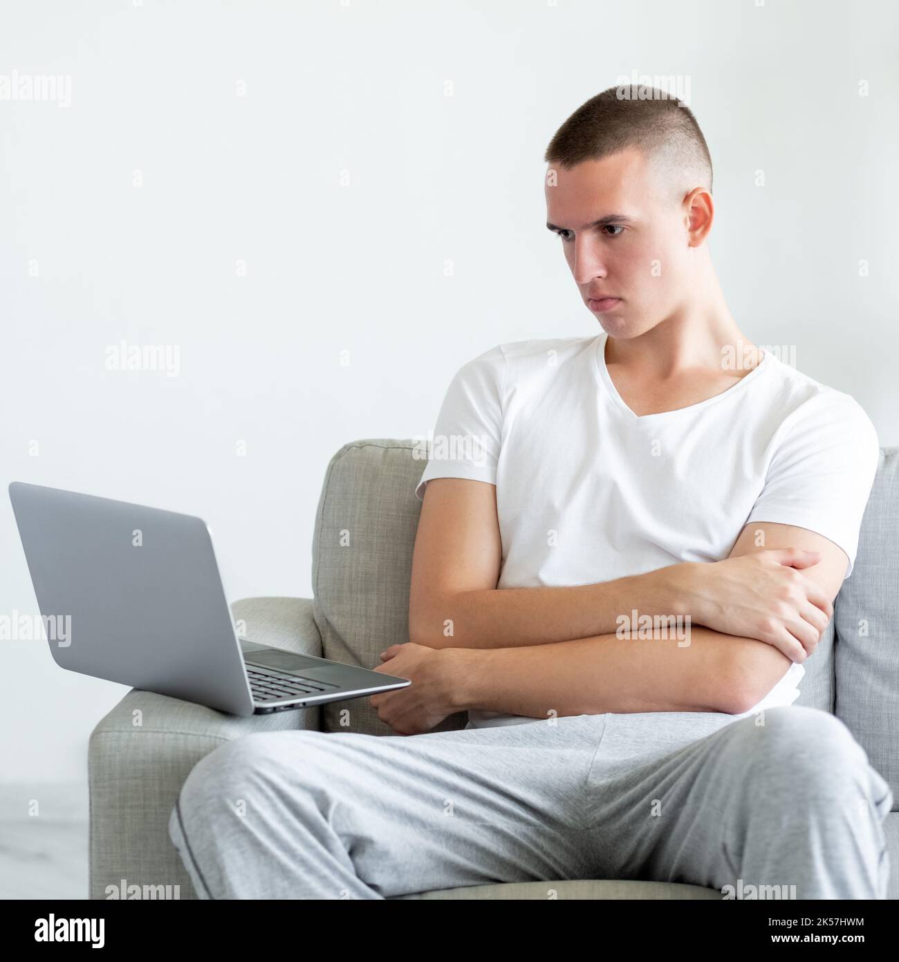 boring video gloomy man uninterested information Stock Photo