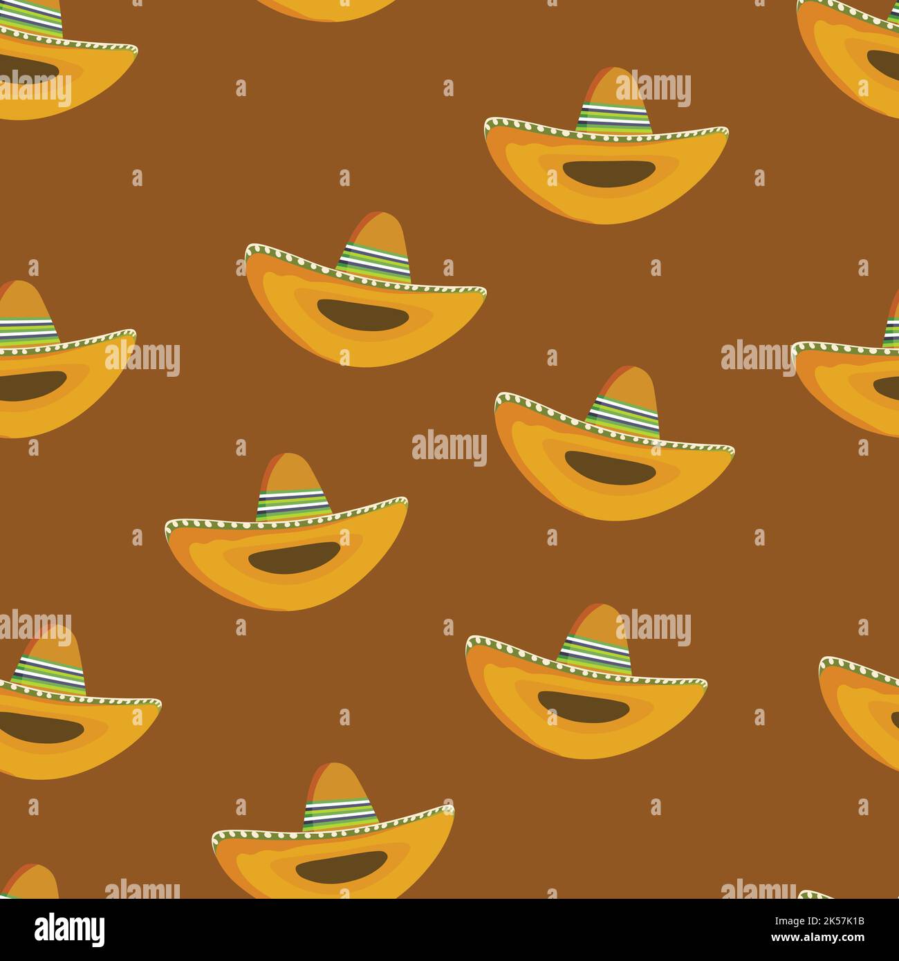 Seamless pattern with ethnic sombrero hat on color background. Vector drawing illustration for packaging, fabric, textile. Wild west, Mexico concept Stock Vector