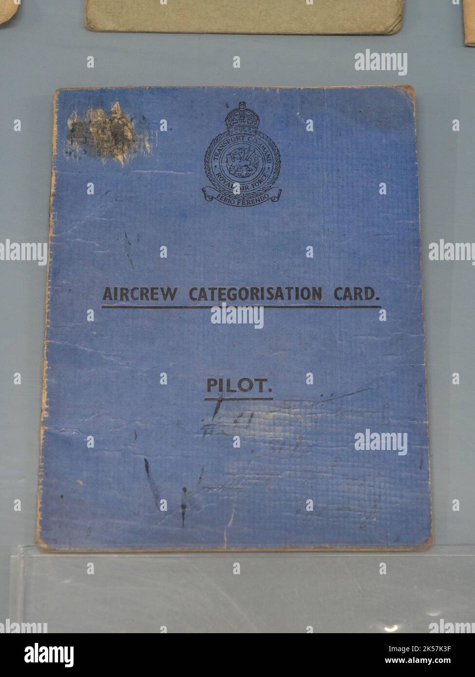 A WWII Pilots 'Aircrew Categorisation Card' issued by the RAF Transport Command in the RAF Manston History Museum, Ramsgate, Kent, UK. Stock Photo