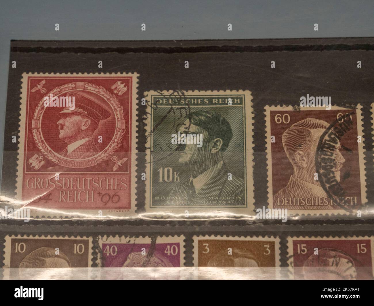 Used German Adolf Hitler stamps (see notes) in the RAF Manston History Museum, Ramsgate, Kent, UK. Stock Photo