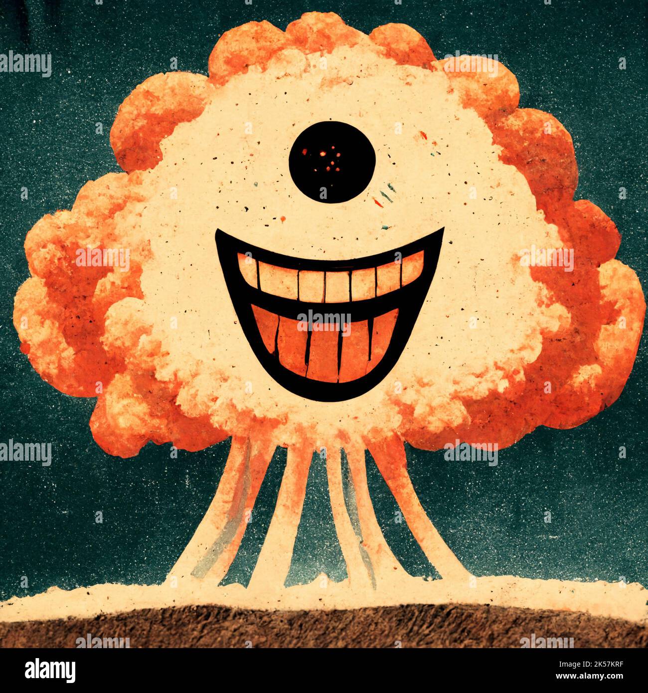 intelligent smiling atomic bomb cartoon style vignette illustration