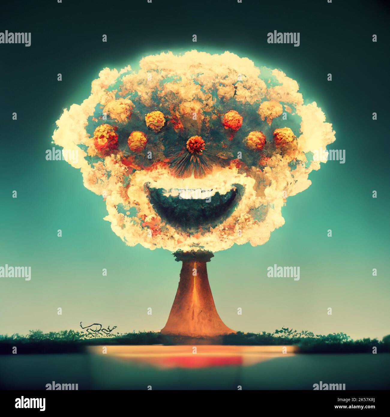 intelligent smiling atomic bomb cartoon style vignette illustration Stock Photo