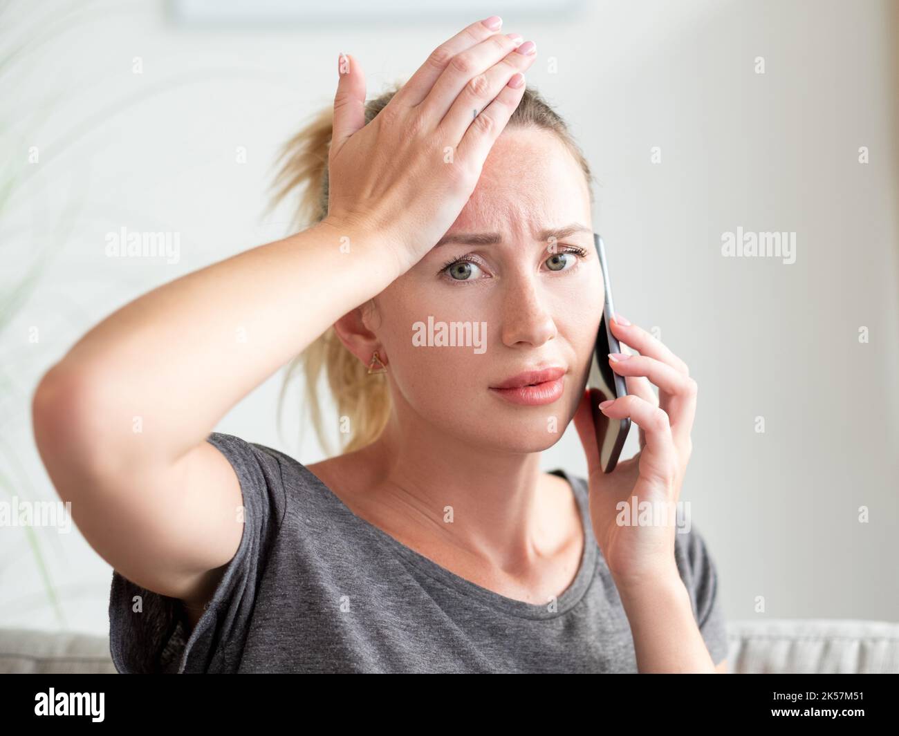 headache suffer exhausted woman online pharmacy Stock Photo Alamy