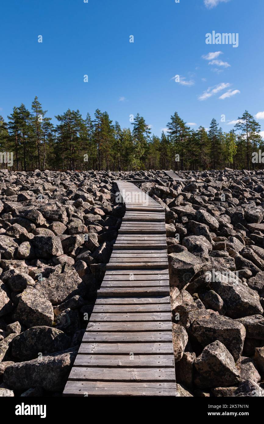 Wooden walkway across the Boulder field, Kivijata in Lauhanvuori National Park, Isojoki, Finland. Stock Photo