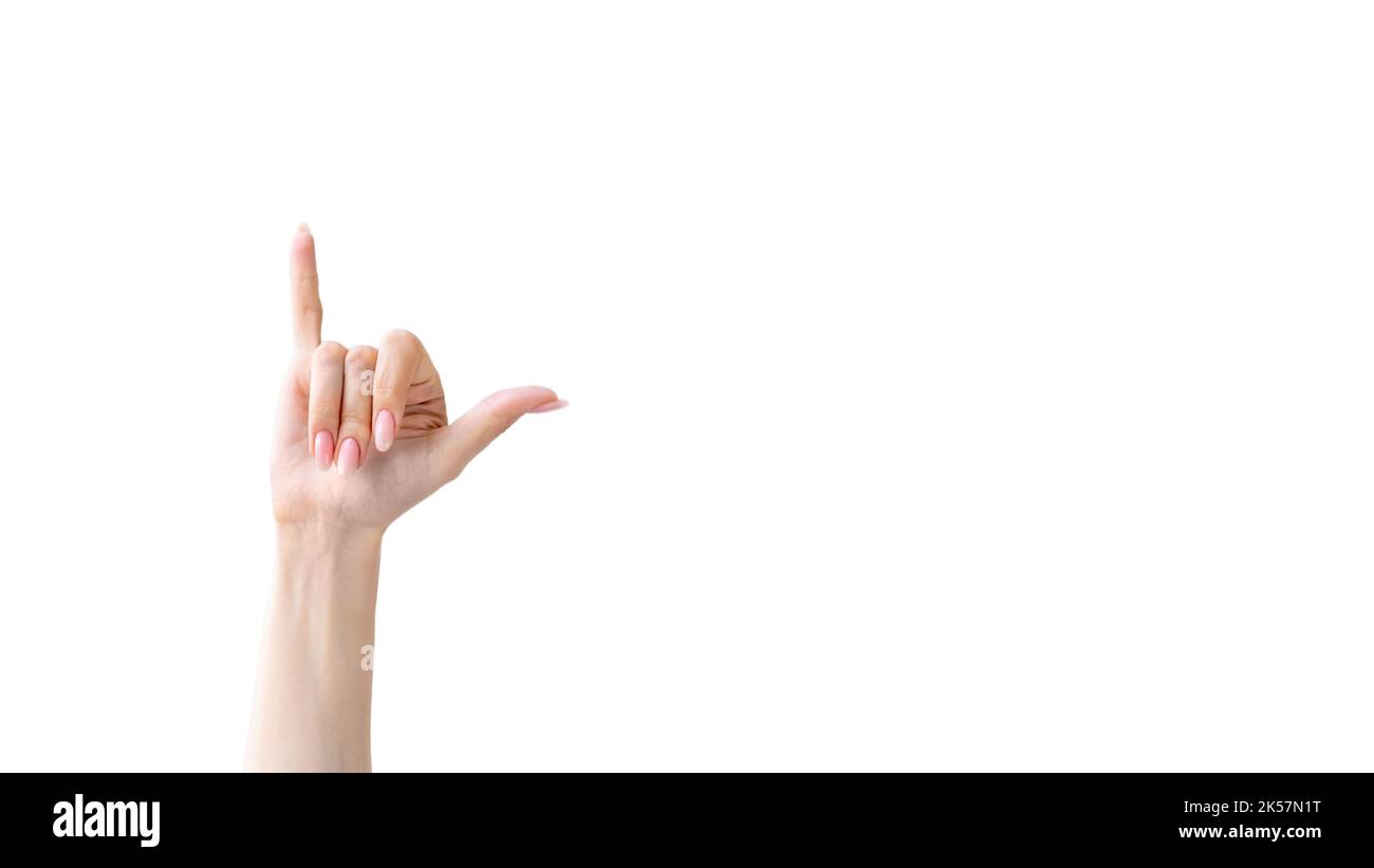 shaka sign call gesture hand greeting signal white Stock Photo