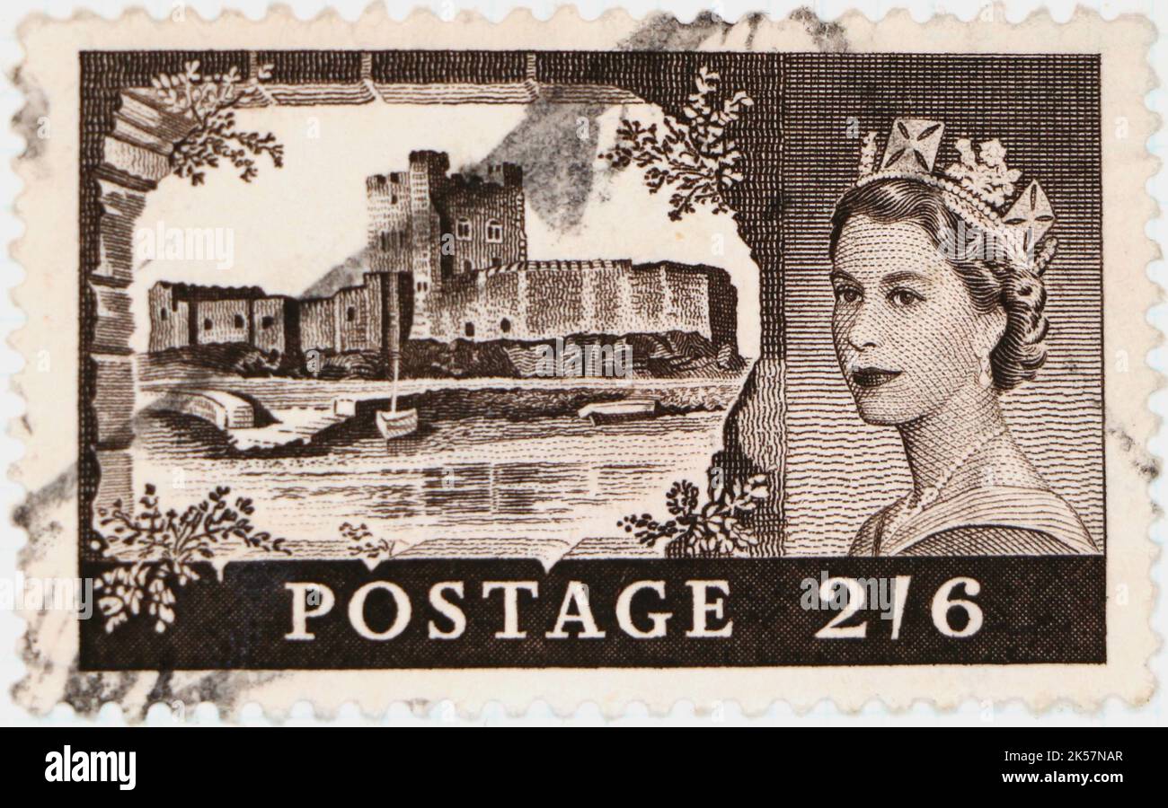 Photo of a British postage stamp with an illustration of Carrickfergus