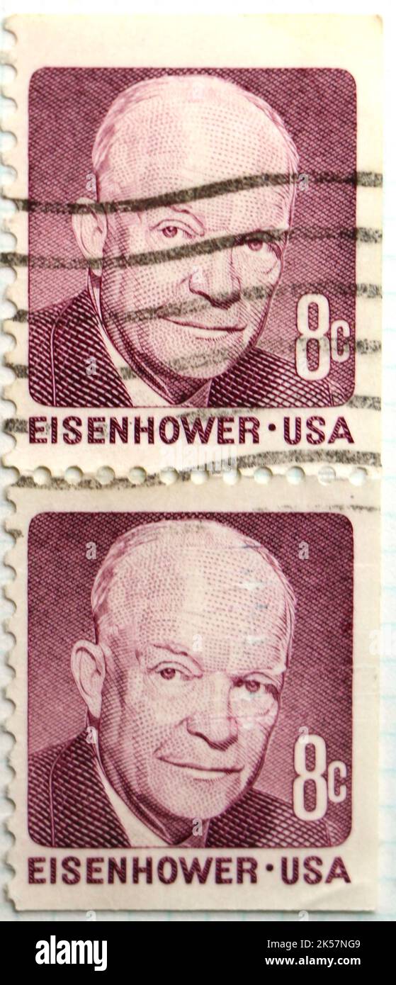 Photo of two joined American postage stamp with an illustration of President Dwight David Eisenhower issued in 1971 Stock Photo