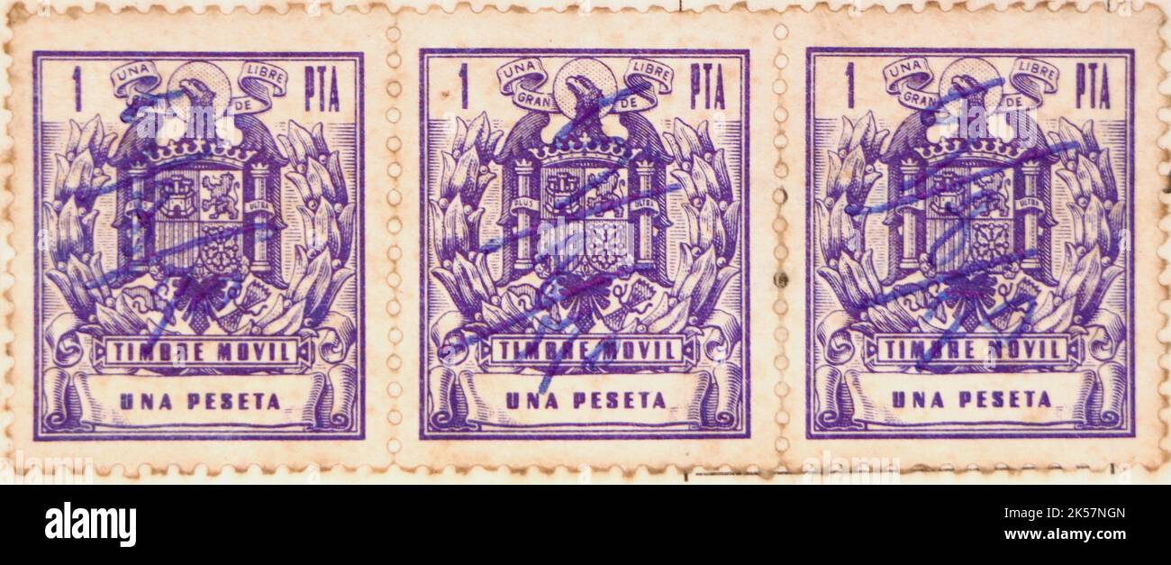 Photo of 3 Spanish 1 peseta stamps Timbre movil Revenue Stamps issued between 1960 and 1976 Stock Photo