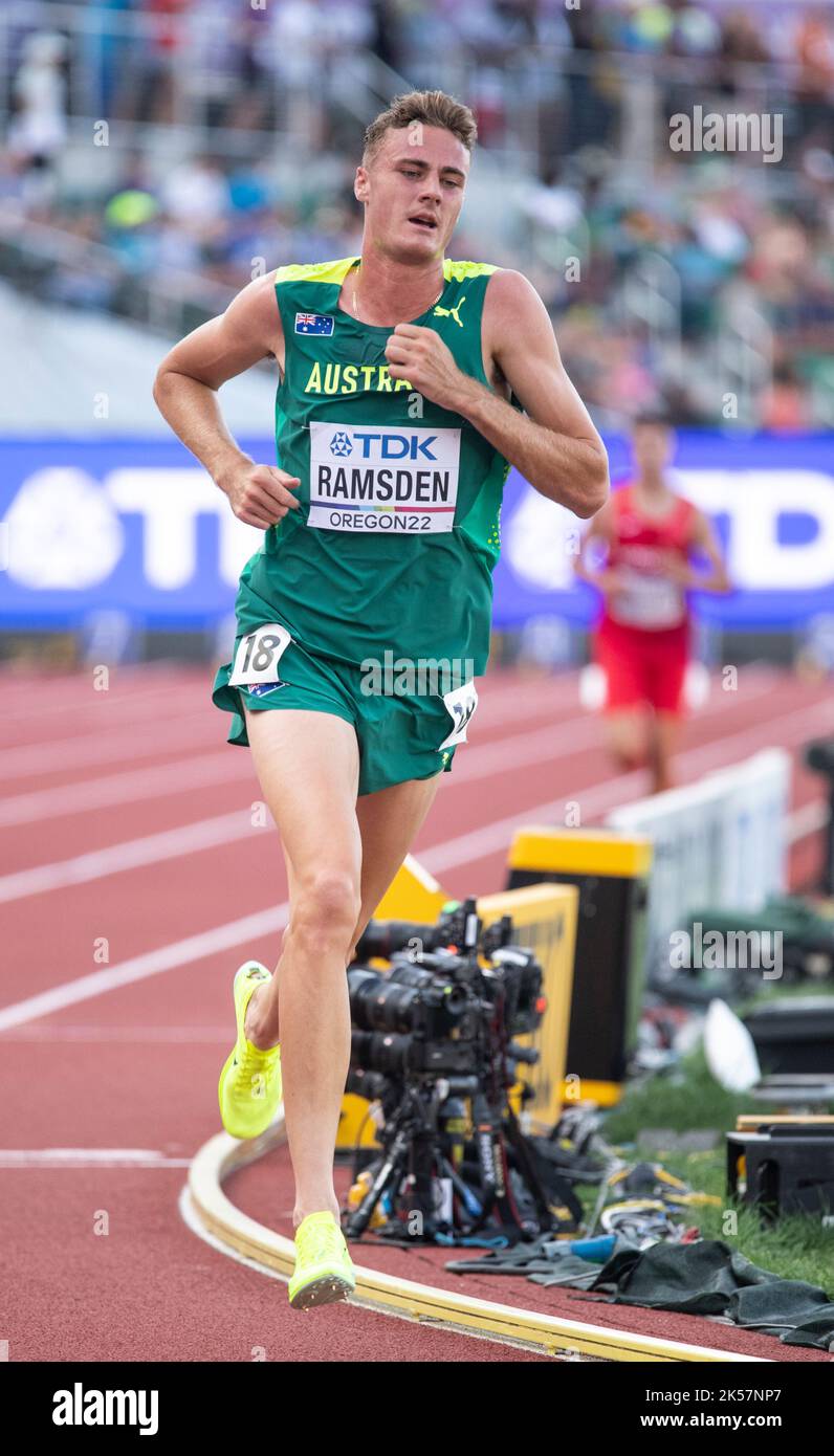 Matthew Ramsden of Australia competing in the men’s 5000m heats at the World Athletics Championships, Hayward Field, Eugene, Oregon USA on the 21st Ju Stock Photo