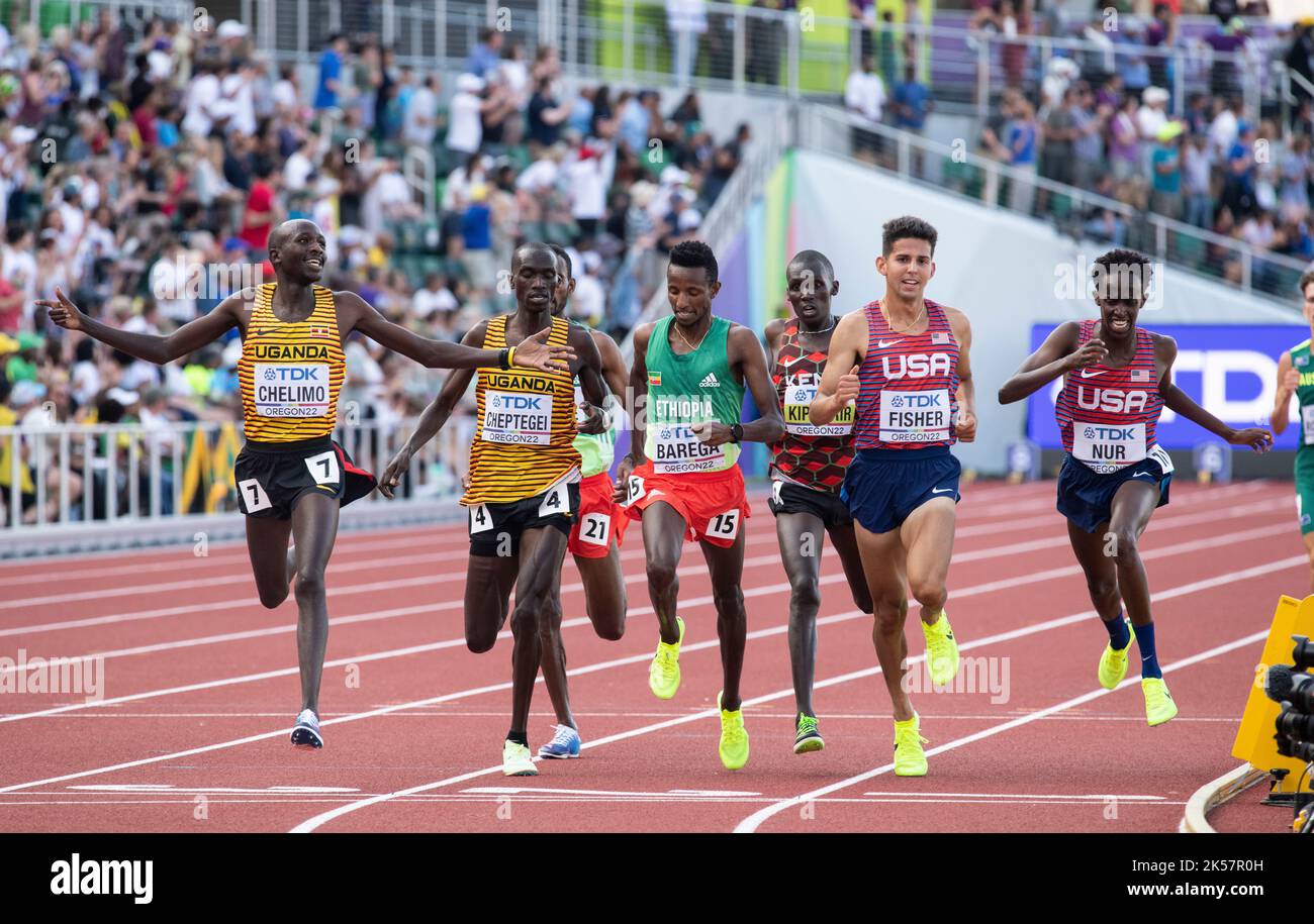 Oscar Chelimo, Joshua Cheptegei, Selemon Barega and Grant Fisher competing in the men’s 5000m heats at the World Athletics Championships, Hayward Fiel Stock Photo