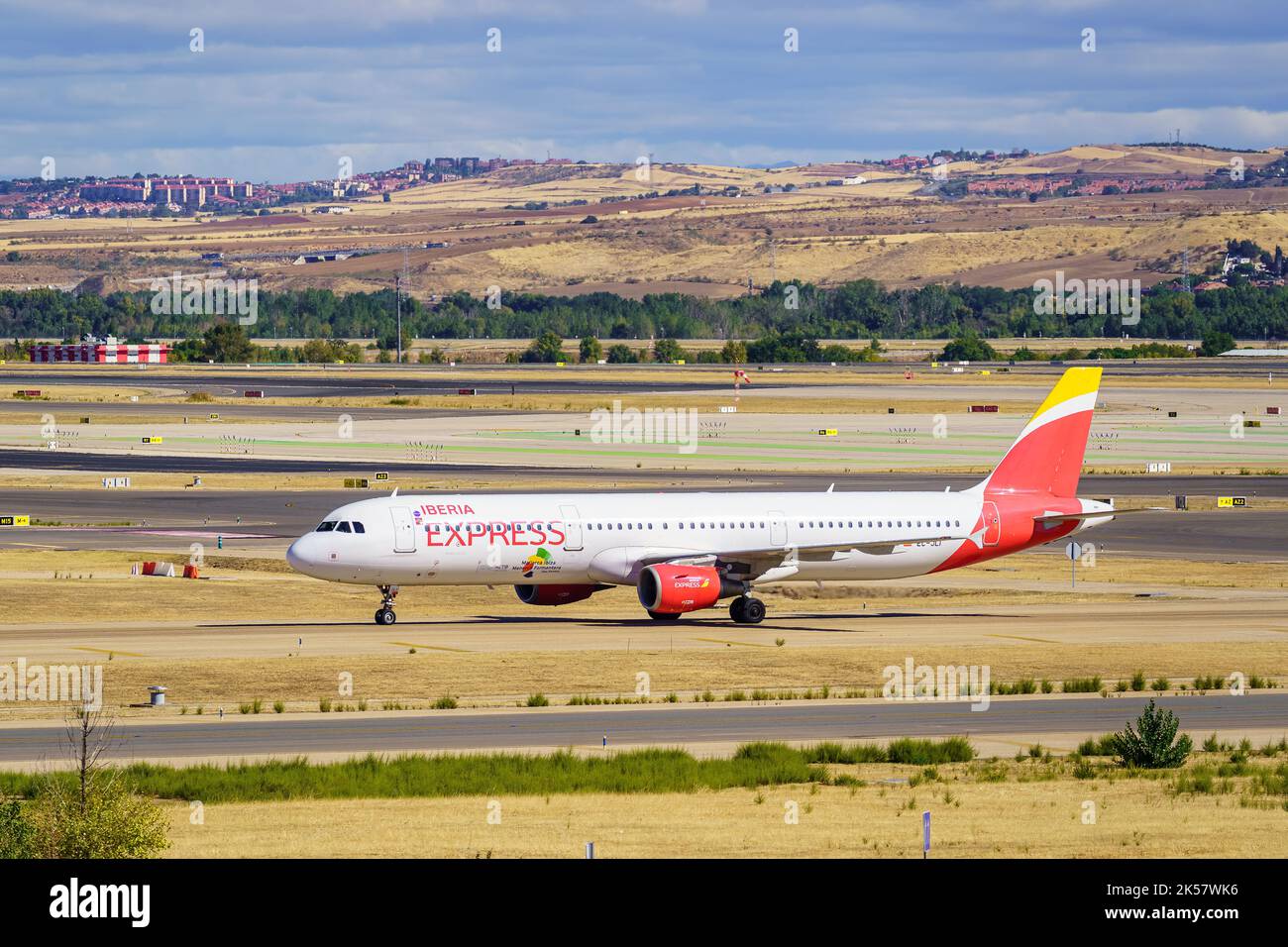 Madrid, Spain, October 30, 2022: Iberia plane circulating on the airport runways to take off. Stock Photo