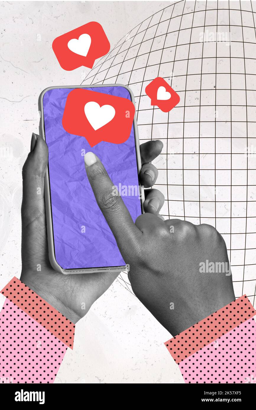 Creative abstract template collage of woman hands scrolling smartphone screen social media icons notifications hearts likes browsing Stock Photo