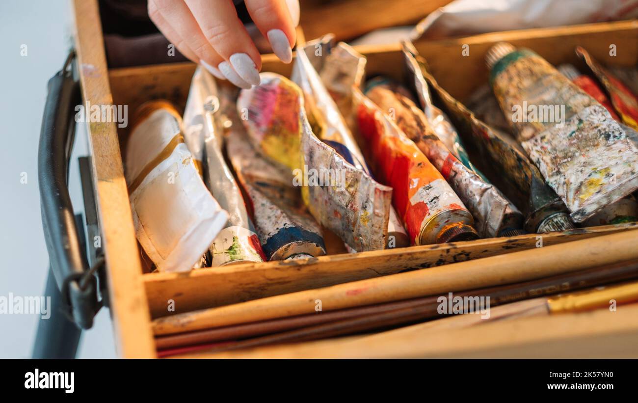 professional art painter tools hand paint tubes Stock Photo