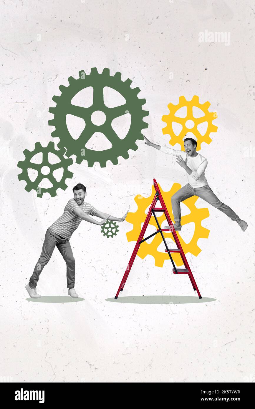 Mechanic Inventions Fun Creative retro 3d magazine image of funny funky guys creating new ...