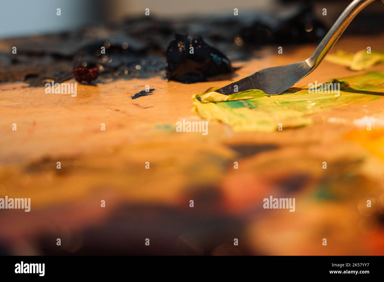 painting process art supplies knife blending paint Stock Photo Alamy