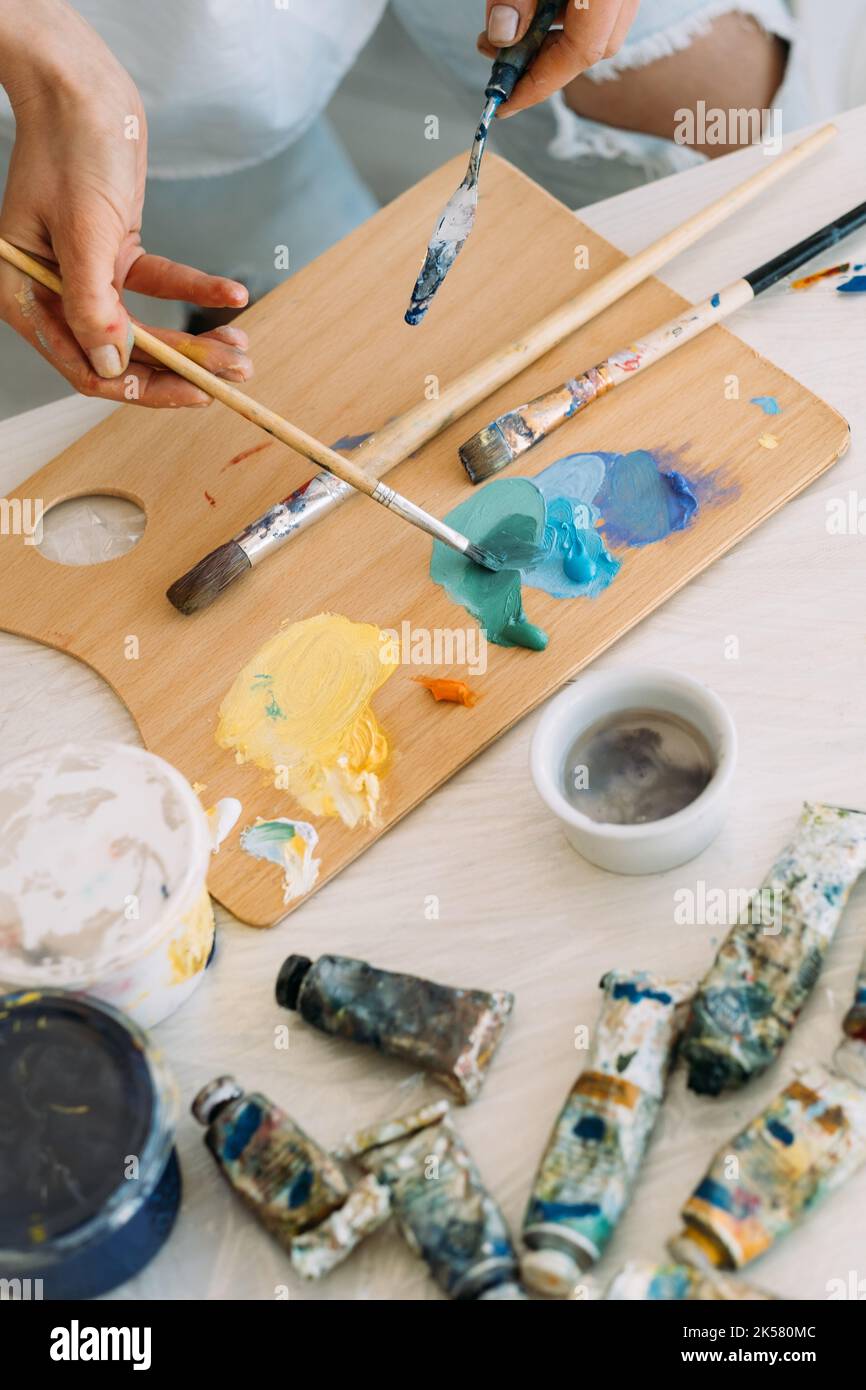 painting supplies art hobby hands acrylic paint Stock Photo Alamy