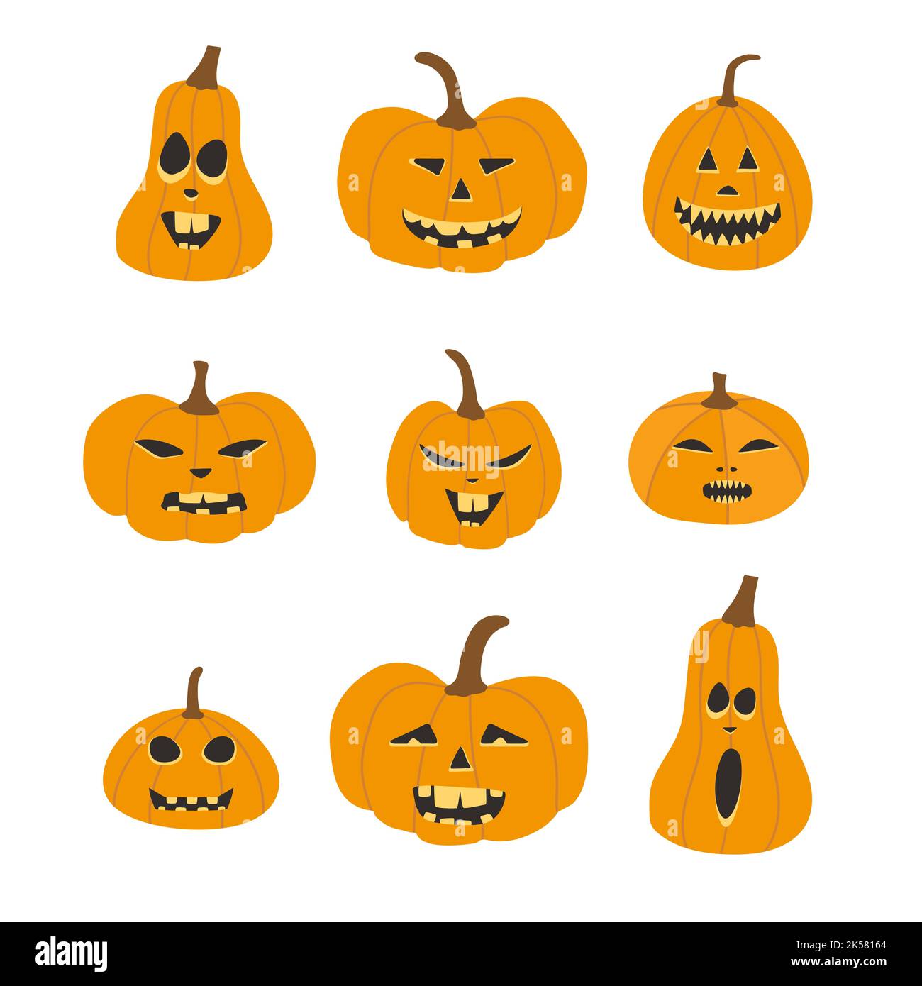 Set pumpkin on white background. The main symbol of the Happy Halloween holiday. Orange pumpkin with emotions Stock Vector