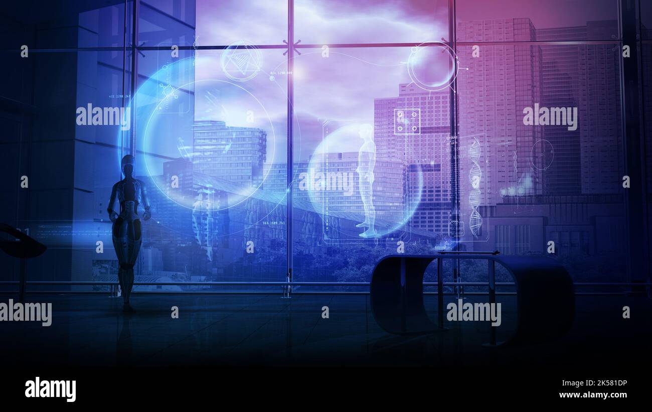 An android is studying medical data, 3D render Stock Photo - Alamy