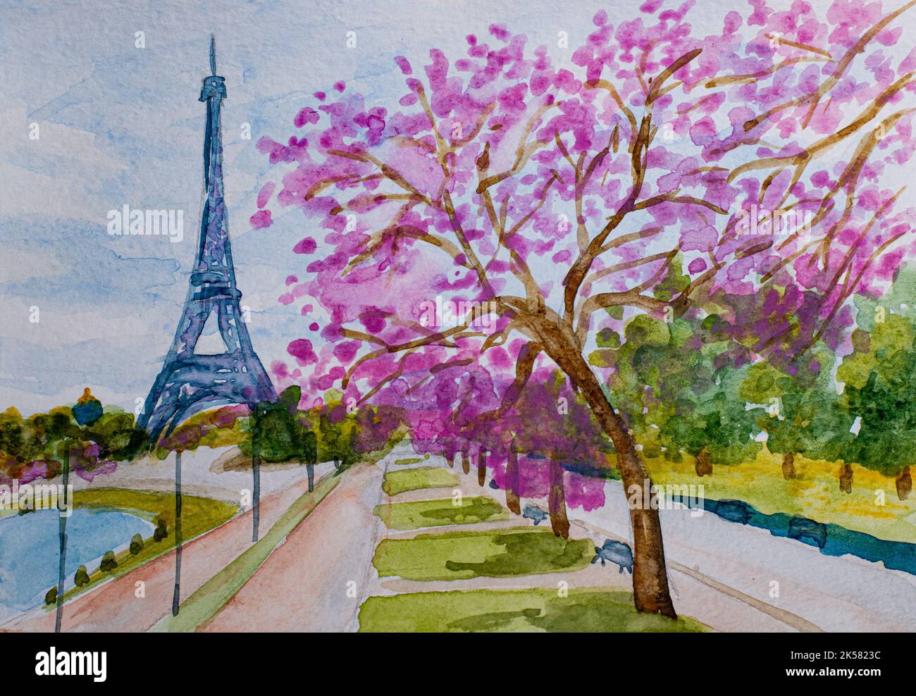 Paris cityscape, Eiffel Tower with spring cherry blossom in France. Watercolor painting Stock Photo