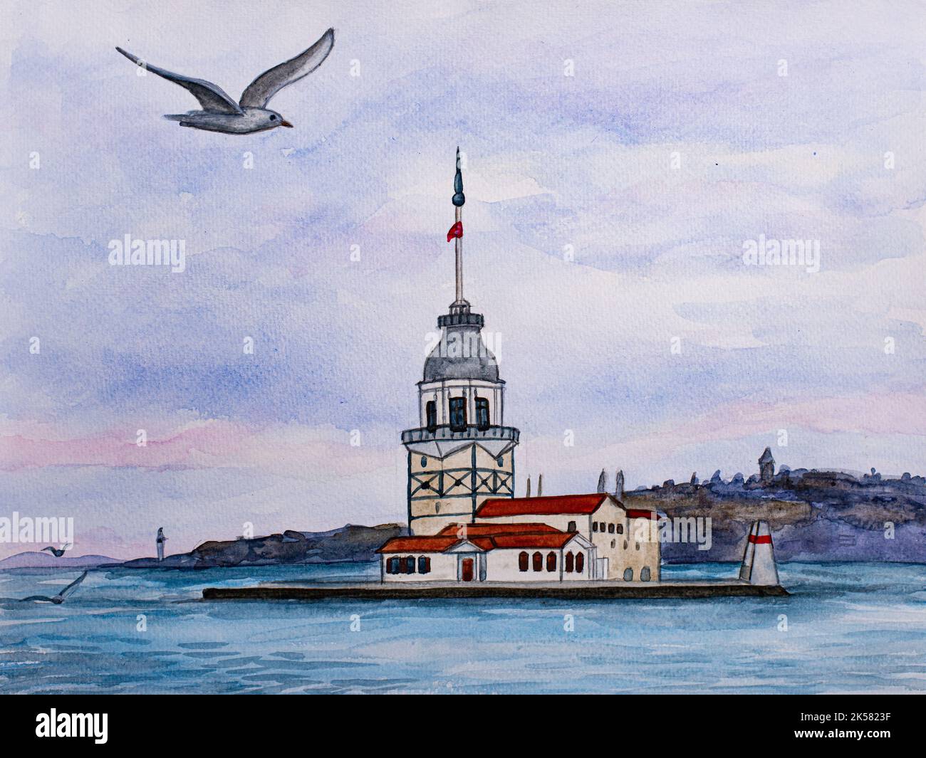 Istanbul Maiden Tower (kiz kulesi) with seagull flying - Istanbul, Turkey. Watercolor painting.  Stock Photo