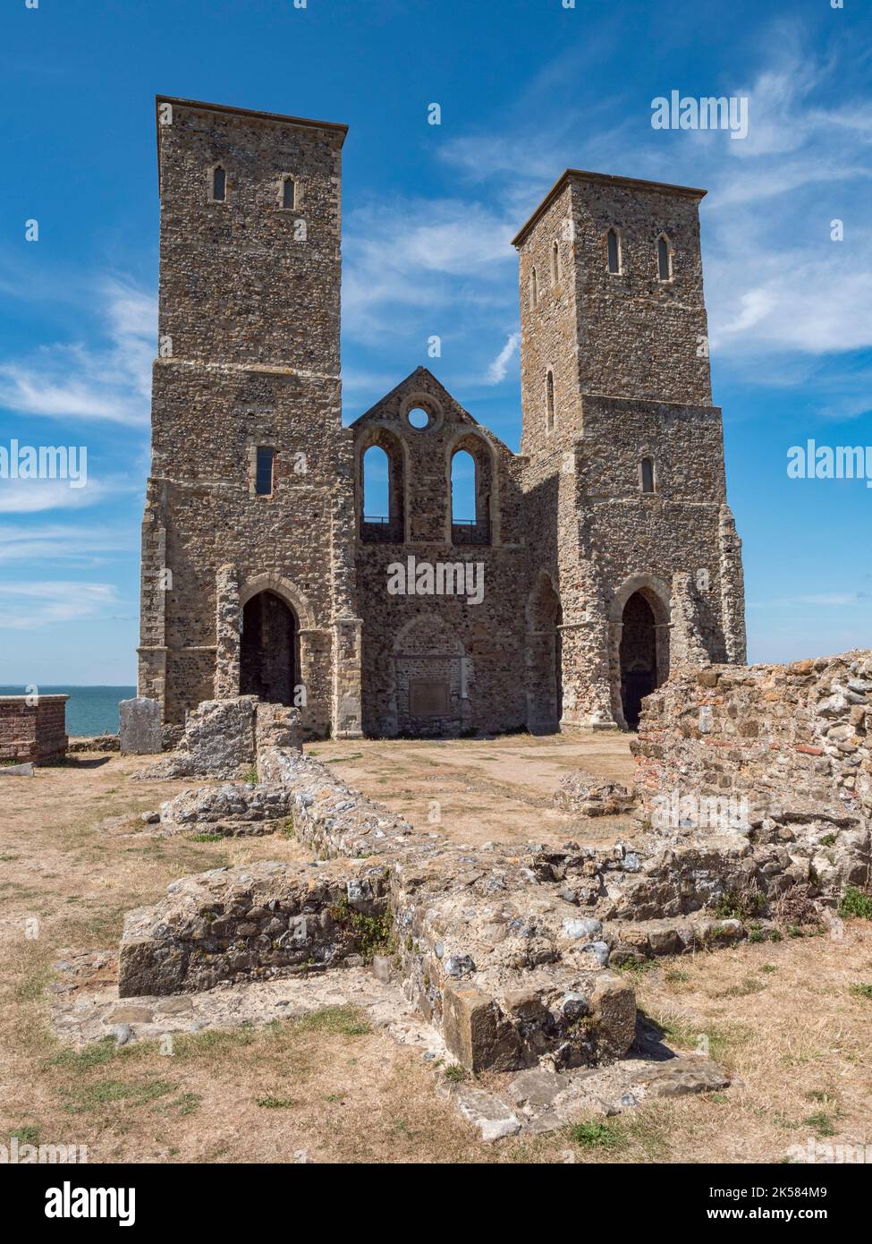 The towers of the medieval church at Reculver, above Herne Bay, Kent ...