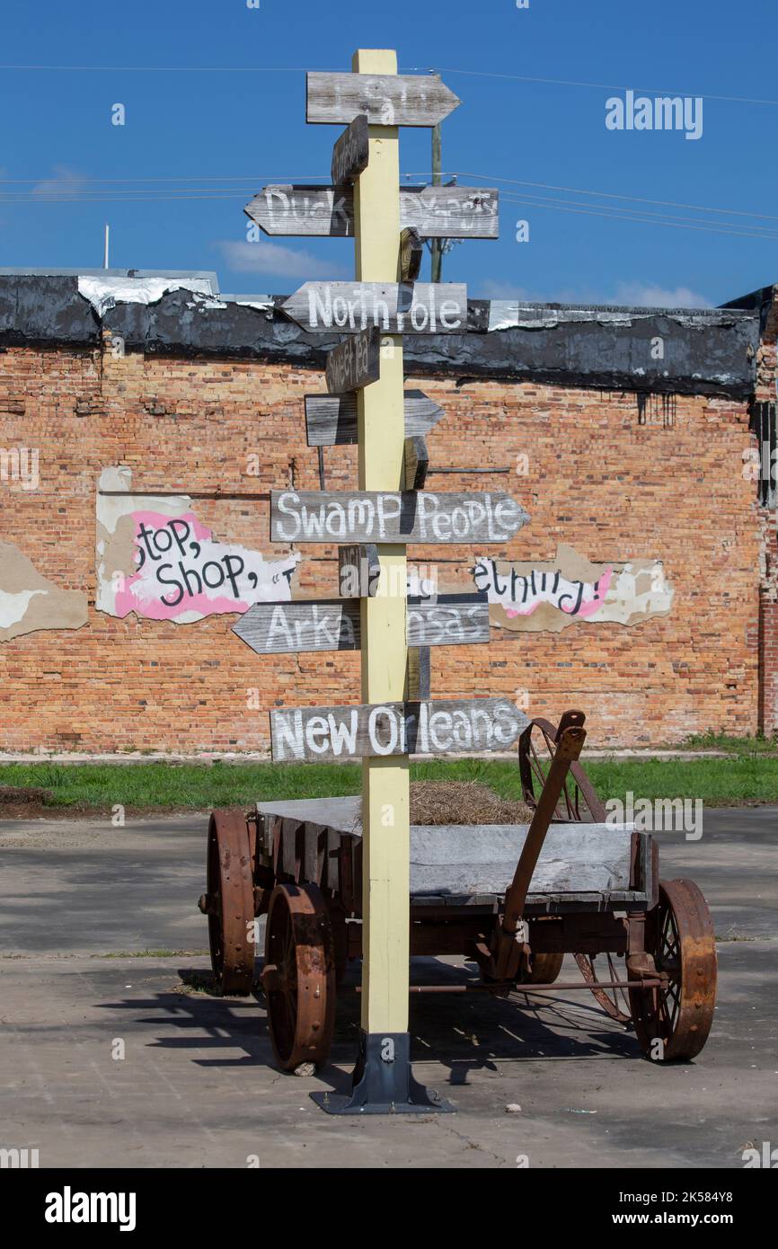 WINNFIELD, LOUISIANA May 21, 2016 Sign pointing toward landmarks in
