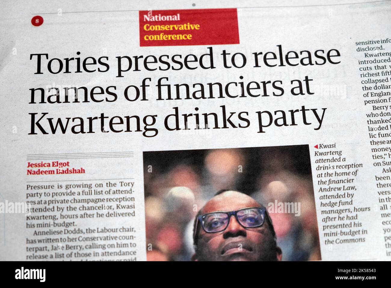 'Tories pressed to release names of financiers at Kwarteng drinks party' Guardian mini-budget Kwarteng newspaper headline London UK 2022 Stock Photo