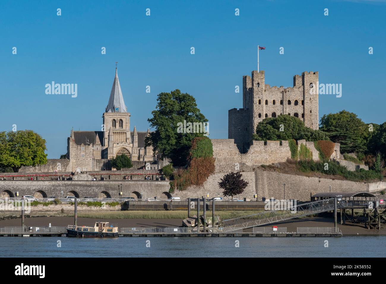 Rochester Cathedral and Rochester Castle viewed over the River Medway, Rochester, Kent, UK. Stock Photo