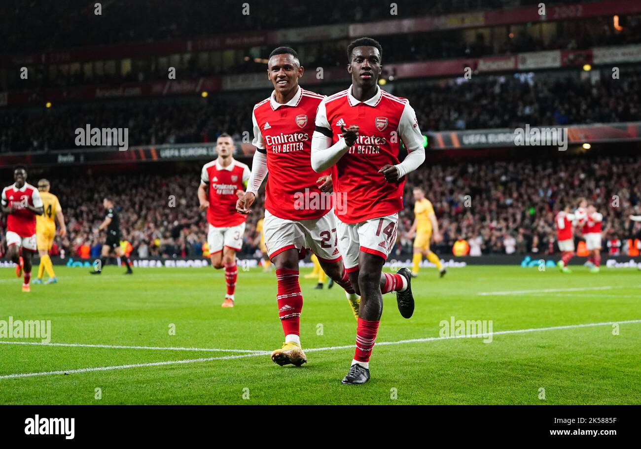 Arsenal’s Eddie Nketiah (right) celebrates scoring their side's first goal of the game during the UEFA Europa League match at Emirates Stadium, London. Picture date: Thursday October 6, 2022. Stock Photo