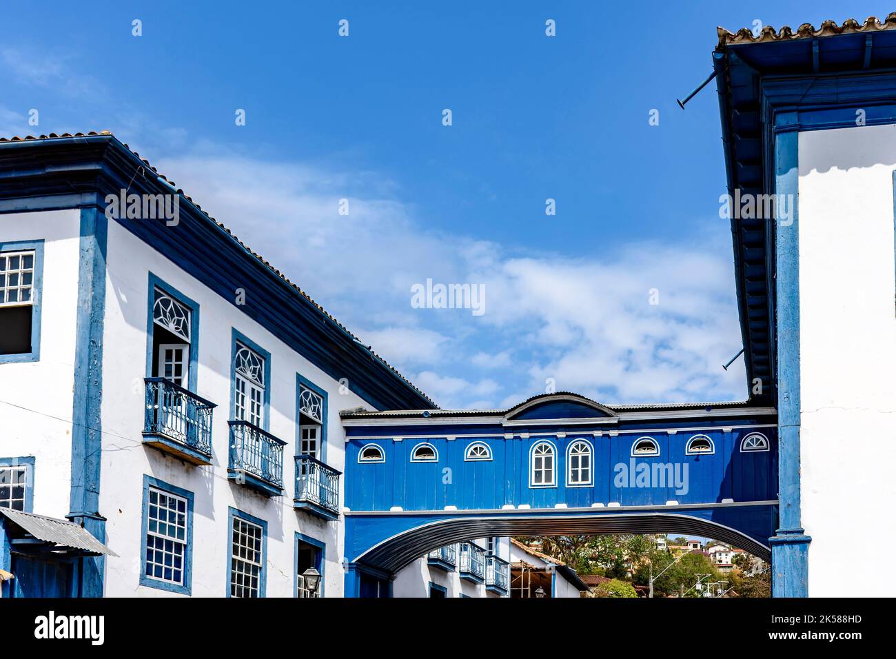 One of the most famous places in Diamantina in the state of Minas Gerais, Casa da Gloria with its suspended walkway connecting two historic houses Stock Photo