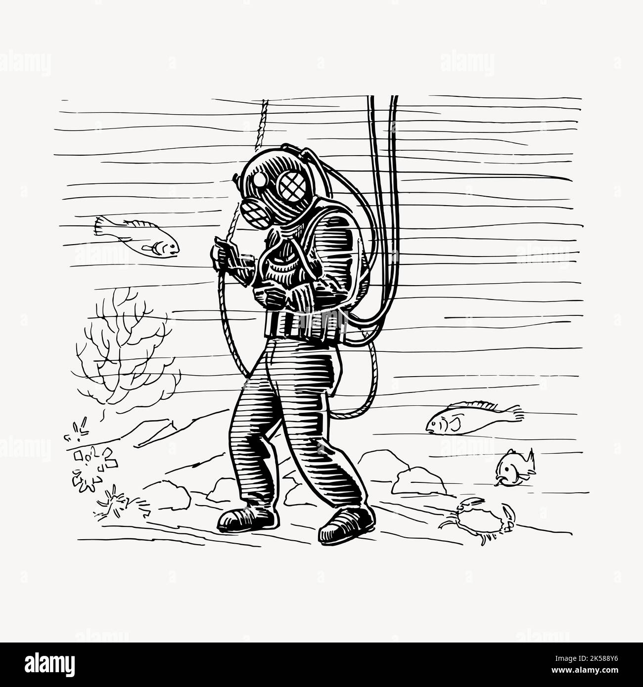 Scuba diver clipart, vintage illustration vector Stock Vector Image ...