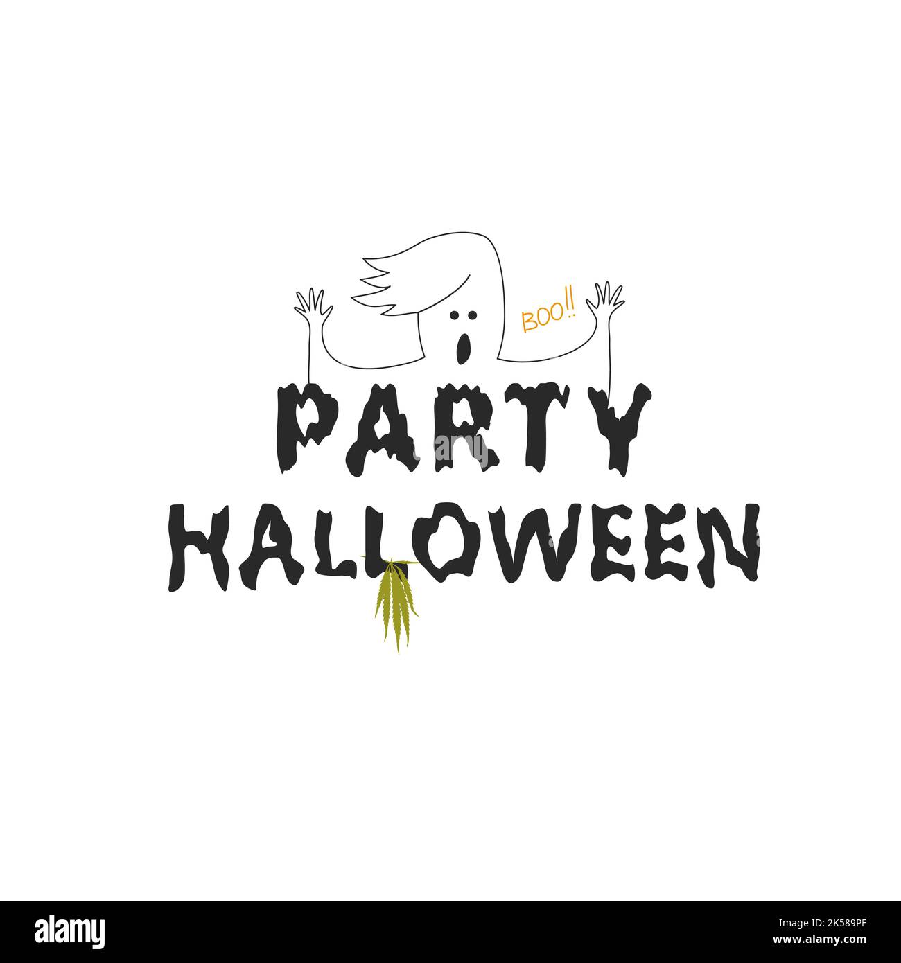 Lettering Party Halloween with ghost and cannabis leaf isolated. Vector element for horror holiday design Stock Vector