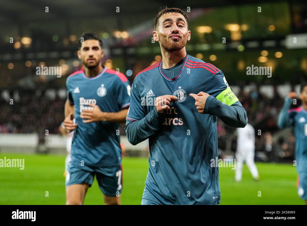 Herning - Orkun Kokcu of Feyenoord celebrates the 0-2 during the match between FC Midtjylland v Feyenoord at MCH Arena on 6 October 2022 in Herning, Denmark. (Box to Box Pictures/Tom Bode) Stock Photo