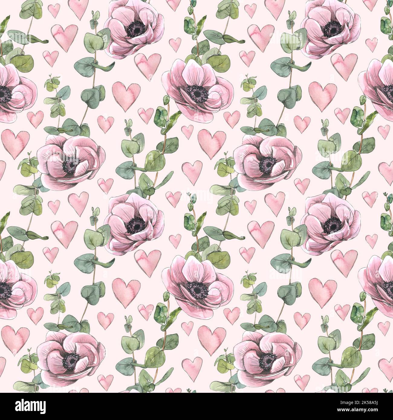 Seamless pattern with pink anemone flowers, eucalyptus twigs and hearts on a pink background. Watercolor illustration in sketch style with graphic Stock Photo