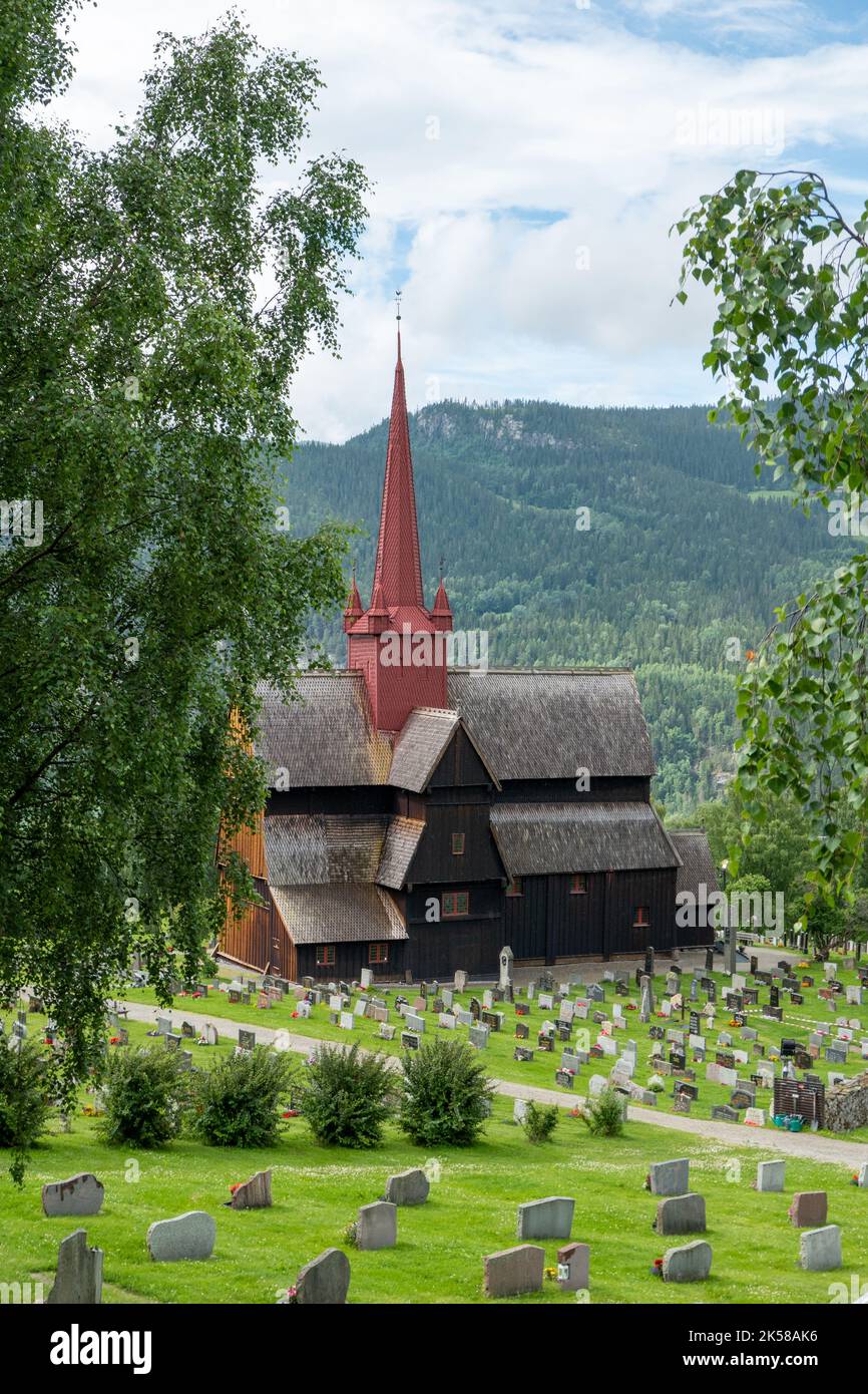 famous wooden Stave Church of Ringebu in Norway Stock Photo